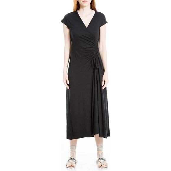 Max Studio Faux Wrap Side Ruched Midi Dress in Black Crinkled Jersey, Size Small - Picture 1 of 11